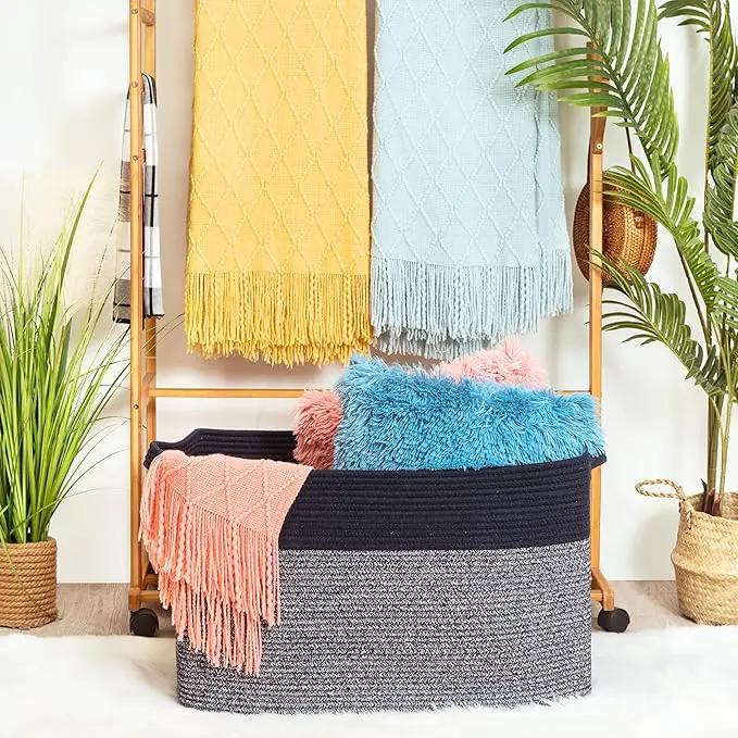 MINTWOOD Design 22in Extra Large Blanket Basket Holder for Living Room, Rectangle Rope Woven Storage Bin with Handles for Laundry, Pool Towels, and Shoes, Dog Toy Box Organizer, Navy Blue by GreenHaven Gardens