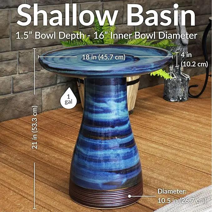 Sunnydaze 21" H Ceramic Bird Bath for Outside - Hand-Painted Outdoor Bird Bath Bowl, UV/Frost-Resistant Finish - Galaxy Blue - Ribbed Pedestal by GreenHaven Gardens