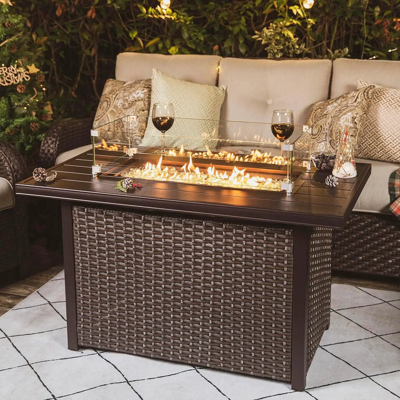 Nuu Garden Outdoor 43 Inch 50,000 BTU Propane Gas Fire Pit Table, Aluminum Tabletop and PE Rattan Weaved Steel Frame, Water-Proof Oxford Cover, Glass Fire Pit Wind Guard, Glass Beads, Lid, Dark Brown by GreenHaven Gardens