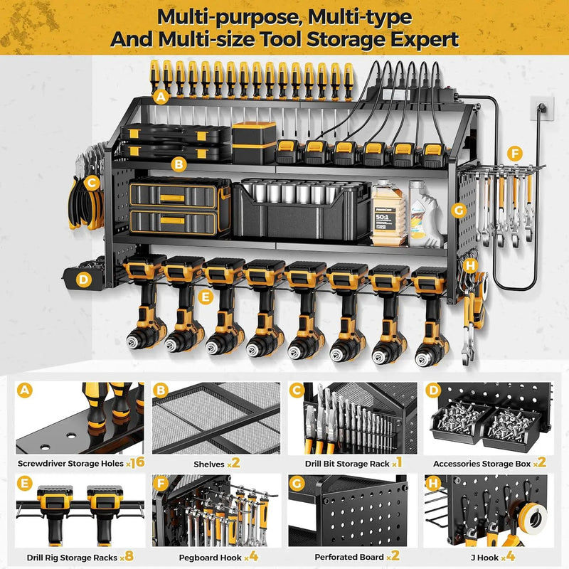 LBT Large Power Tool Organizer Wall Mount with Charging Station, 8 Drill Holder, 4 Layer Heavy Duty Metal Tool Storage Rack, 6 Power Strip, 8 Hooks, 2 Screw Boxes, Cool Gifts for Him Fathers Day by GreenHaven Gardens