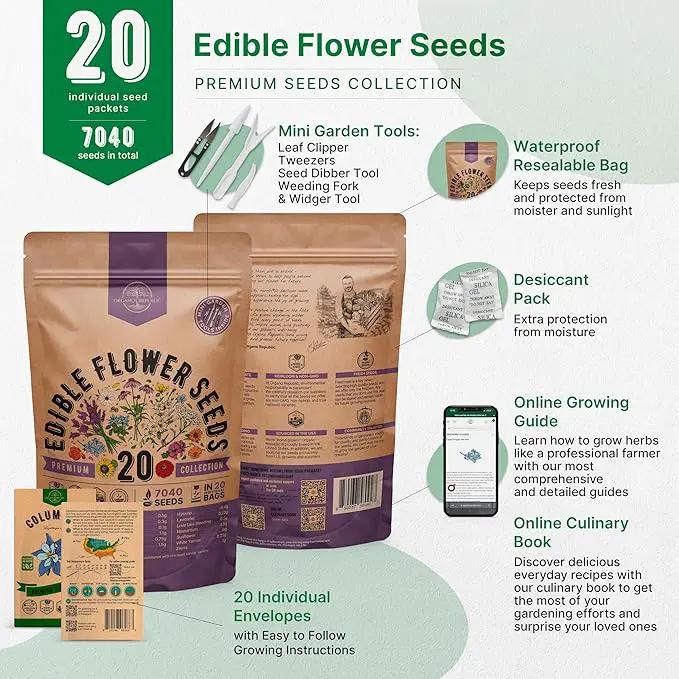 Organo Republic 20 Edible Flower Seeds Variety Pack- Indoor/Outdoor. 7000+ Non-GMO Heirloom: Borage, Bergamot, Nasturtium, Chives, Cape Daisy, Hyssop, Zinnia Seeds & More by GreenHaven Gardens