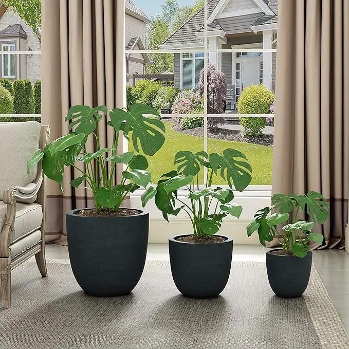 Kante 18",14",10" Dia Concrete Round Planters (Set of 3), Outdoor Indoor Large Planter Pots with Drainage Hole and Rubber Plug for Home Patio Garden, Dark Gray by GreenHaven Gardens