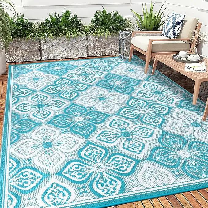 Pauwer Waterproof Outdoor Rug 8x10, Reversible Plastic Straw Patio Camping Rug, Indoor Outdoor RV Mat Carpet for Deck, Camper, Porch, Balcony, Backyard, Picnic, Clover Teal by GreenHaven Gardens