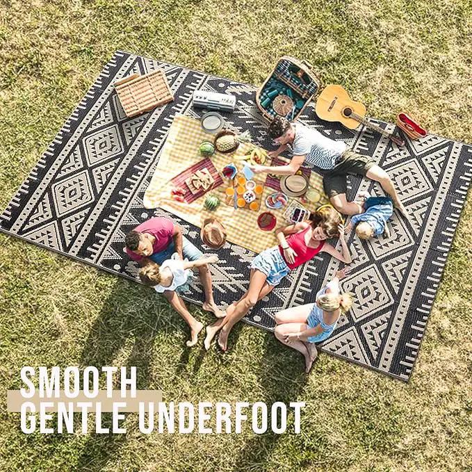 OLANLY Outdoor Rug Waterproof 4x6 ft, Reversible Outdoor Plastic Straw Rug, Boho Patio Rug, Indoor Outdoor Carpet, RV Mat Outside for Patio, Camp, Picnic, Balcony, Deck, Backyard, Black & Beige by GreenHaven Gardens