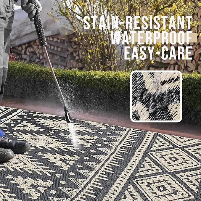 OLANLY Outdoor Rug Waterproof 9x18 ft, Reversible Outdoor Plastic Straw Rug, Boho Patio Rug, Indoor Outdoor Carpet, RV Mat Outside for Patio, Camp, Picnic, Balcony, Deck, Backyard, Black & Beige by GreenHaven Gardens