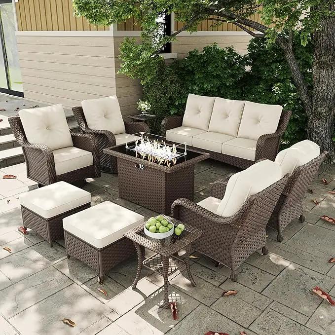 10 Pieces Outdoor Patio Furniture Sets with Rocking Swivel Chairs with 6-inch Thick Cushion and Fire Pit Table for Deck Lawn by GreenHaven Gardens