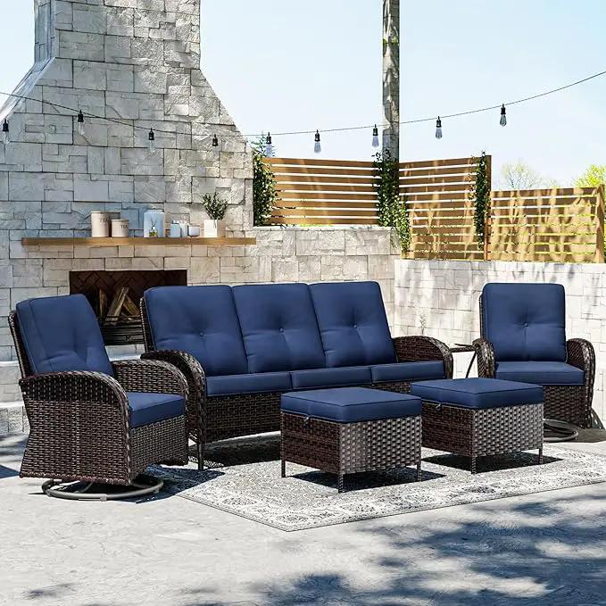 Joyside 6 Piece Patio Furniture Set, Outdoor Wicker Conversation Sets with Swivel Rocker Chairs and Sofa, Thick Cushion, Rattan Patio Sectional for Porch, Deck Use (Brown/Blue, 6 PCS) by GreenHaven Gardens