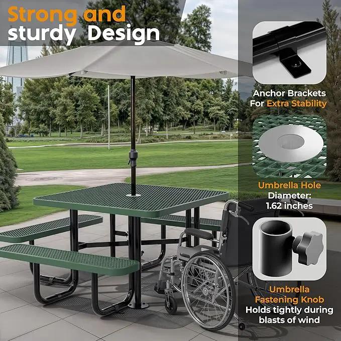 Metal Picnic Tables for Outdoors with Umbrella Hole - Coated Steel Heavy Duty Commercial Grade Table with Adjustable Seats (Green, 46 in, Square, Expanded Steel) by GreenHaven Gardens