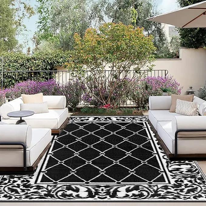 OutdoorLines Indoor Outdoor Rugs for Patio 4x6 ft - Reversible Outside Carpet, Stain & UV Resistant Portable RV Mats, Plastic Straw Rug for Camping, Pool Deck, Porch Rhombus Black & White by GreenHaven Gardens