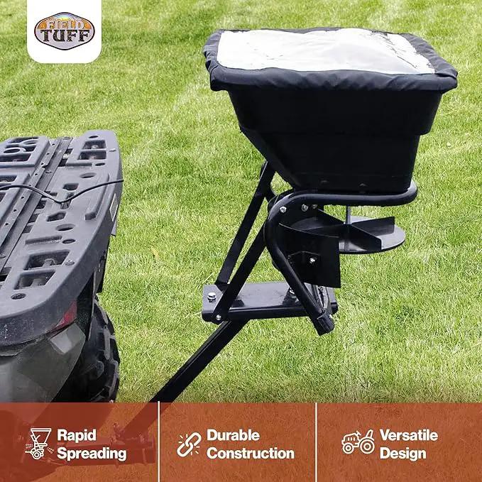 Field Tuff 12V 80 Pound Capacity Grass Seed Fertilizer Spreader with Hitch Mount Receiver and Rain Protector for ATV, UTV, or Utility Tractor by GreenHaven Gardens