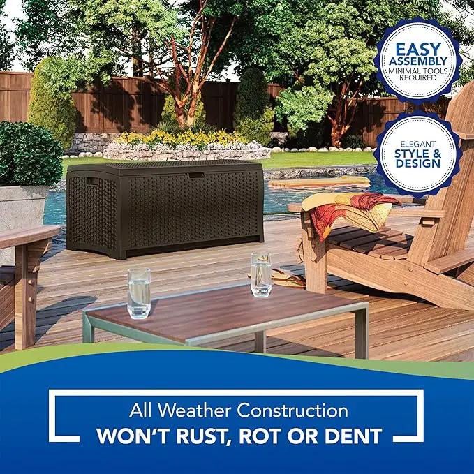 Suncast Outdoor Storage Box - 73 Gallon Mocha Brown Deck Box for Patio, Waterproof Outdoor Storage Bench, Resin Wicker Style, Heavy-Duty, Lockable Lid for Cushions, Shoes, Pool & Garden Gear by GreenHaven Gardens