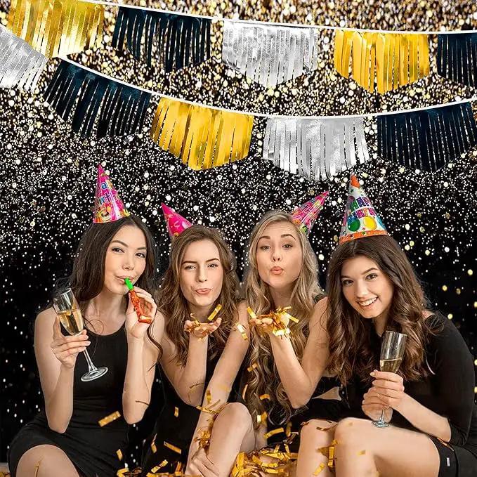 Black Silver Gold Tassel Banner Double Sided Metallic Fabric Pennant Bunting Flag Garland for Graduation Birthday Anniversary Bachelorette Engagement Wedding Bridal Shower Party Decorations Supplies by GreenHaven Gardens