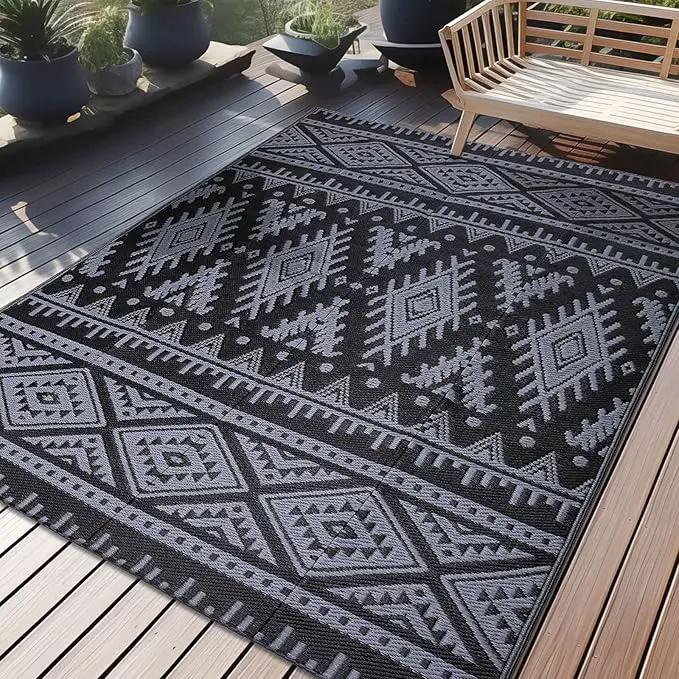 OLANLY Outdoor Rug Waterproof 5x8 ft, Reversible Outdoor Plastic Straw Rug, Boho Patio Rug, Indoor Outdoor Carpet, RV Mat Outside for Patio, Camp, Picnic, Balcony, Deck, Backyard, Black & Grey by GreenHaven Gardens