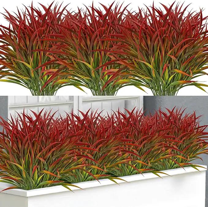 Ouddy Decor 16 Bundles Artificial Plants Outdoor Fake Grass Greenery Stems UV Resistant Faux Plastic Plants Shrubs for Autumn Home Garden Pathway Farmhouse Front Porch Harvest Thanksgiving Decor, Red by GreenHaven Gardens
