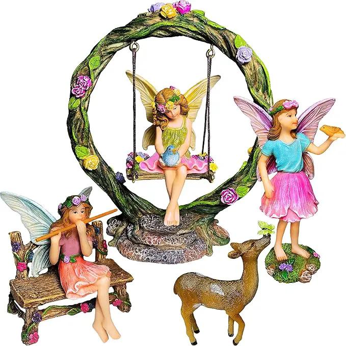 Mood Lab Fairy Garden Kit - Swing Set of 6 pcs Miniature Figurines & Accessories - Hand Painted for Outdoor or House Decor by GreenHaven Gardens