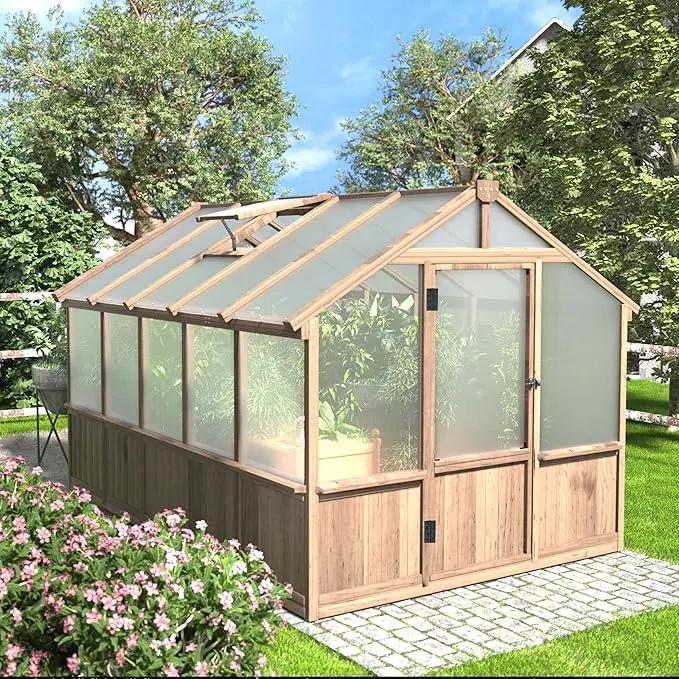 8x10 FT Greenhouse Kit with 6MM Thick Polycarbonate Panel for Outdoor, Wooden Walk-in Green House with Adjustable Roof Vent and Lockable Door, Backyard, Garden, Light Mocha Brown by GreenHaven Gardens