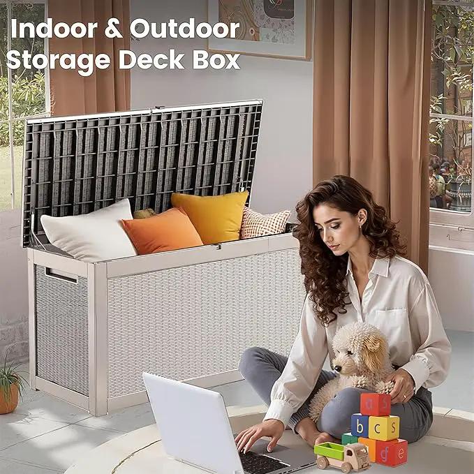 260 Gallon Storage Box, Waterproof Resin Deck Box with Steel Support & Hydraulic Rod, Lockable Storage Bench for Indoor & Outdoor Use, Storage Bin for Patio Cushions, Garden Tools, Grey by GreenHaven Gardens