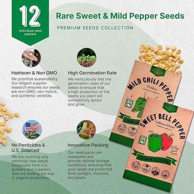 Organo Republic 12 Rare Sweet & Mild Pepper Seeds Variety Pack - 770+ Non-GMO Heirloom Pepper Seeds for Outdoor and Indoor Home Gardening, Including Pepper Anaheim, Pepperonchini, Pimento, Lilac Bell by GreenHaven Gardens