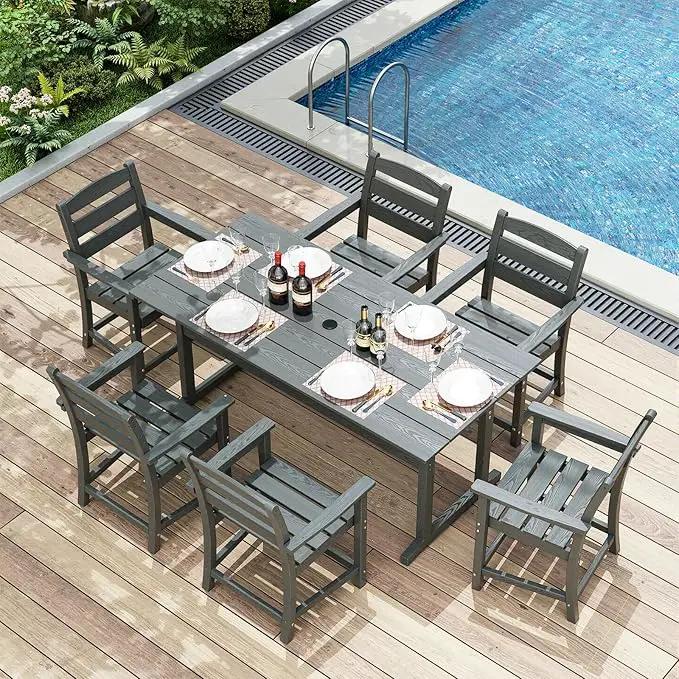7pcs Outdoor Dining Set, HDPE Patio Dining Set for 6, All-Weather Outdoor Table and Chairs with Umbrella Hole & Adjustable Pads, Modern Patio Furniture Set for Backyard, Poolside &Lawn (Grey) by GreenHaven Gardens