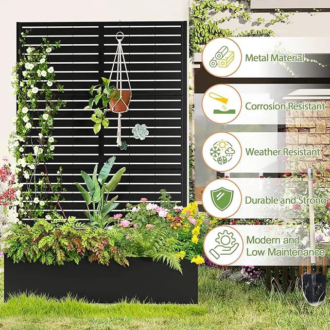 Trellis for Climbing Plants Outdoor，Mental Garden Bed with Drainage Holes Outdoor Privacy Screen Design Tall planters for herb Flower Vegetables 73"x47"x16", Black-Louvered by GreenHaven Gardens