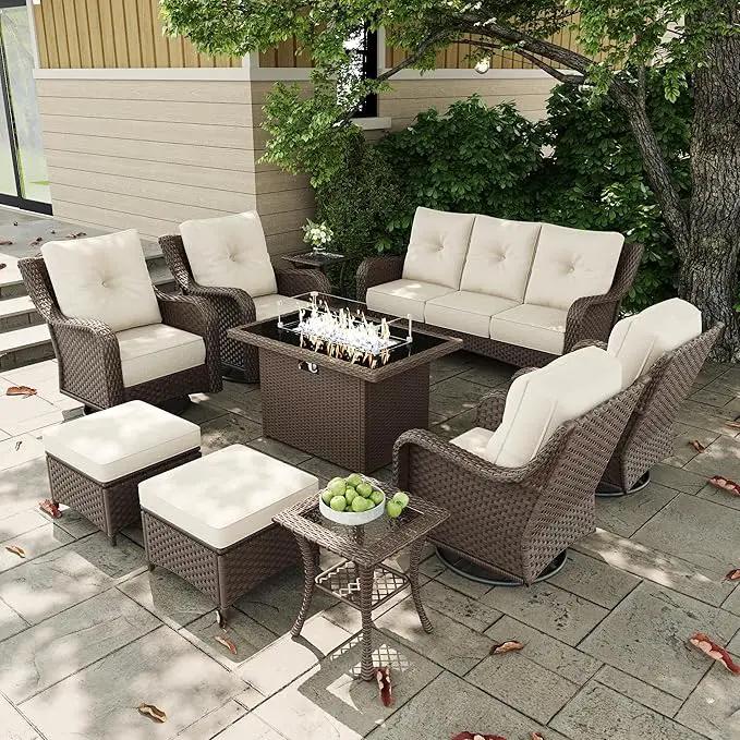10 Pieces Outdoor Patio Furniture Sets with Rocking Swivel Chairs with 6-inch Thick Cushion and Fire Pit Table for Deck Lawn by GreenHaven Gardens