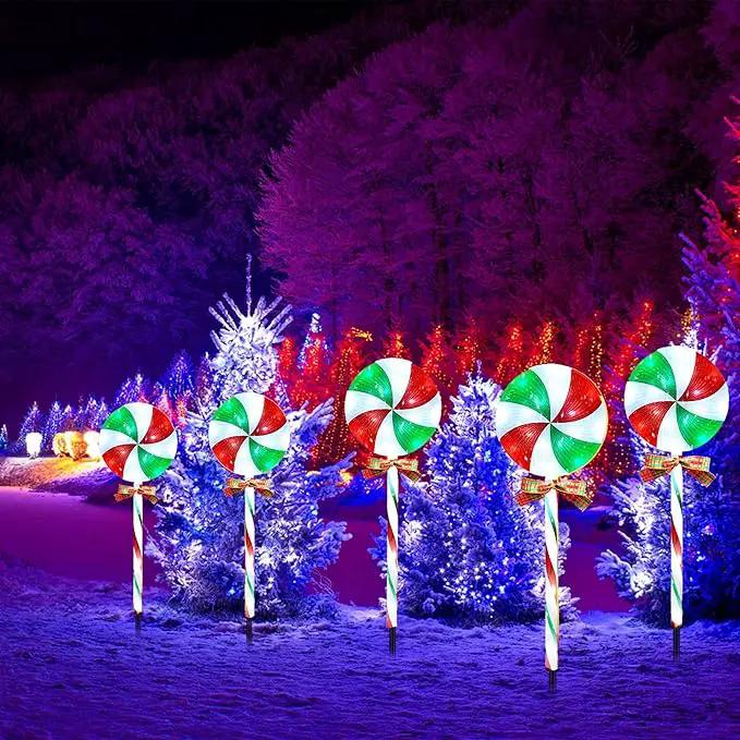 10 Packs Christmas Pathway Lollipop Lights with Bow Tie Solar Powered Outdoor Waterproof Xmas Candy Cane Path Landscape Decorative Stake Lights 2 Solar Panel + 10 Lights by GreenHaven Gardens