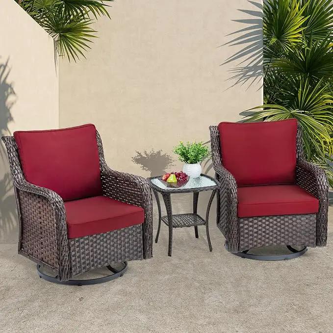 Towallmark Outdoor Swivel Wicker Glider Patio Chairs with Table Set, 3 Pieces Outdoor Bistro Set with 4”Thick Cushions and Coffee Table for Porch, Balcony, Deck (Red) by GreenHaven Gardens
