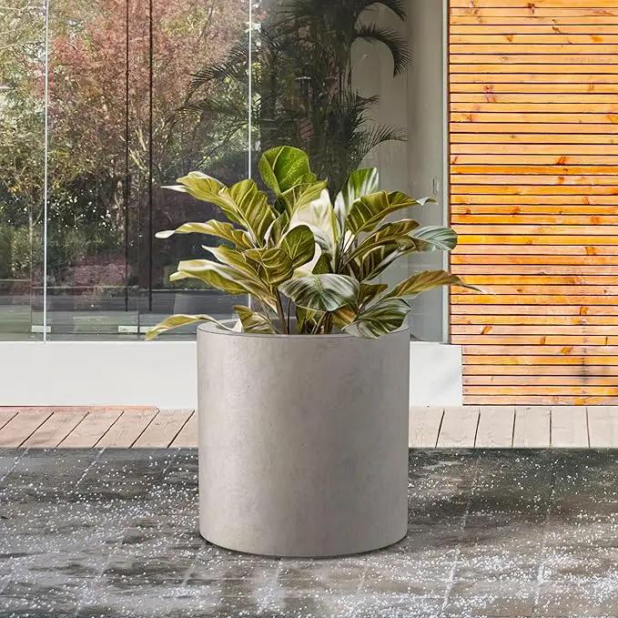 Kante 12.6" Dia Round Concrete Planter, Modern Style Large Cylindrical Plant Pot with Drainage Hole and Rubber Plug for Indoor Outdoor Patio, Weathered Concrete by GreenHaven Gardens