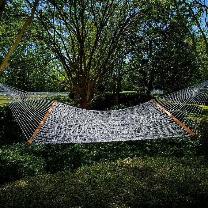 Hatteras Hammocks Deluxe Navy Oatmeal Heirloom Tweed Duracord Rope Hammock with Free Extension Chains & Tree Hooks, Handcrafted in The USA, 450 LB Weight Capacity, 13 ft. x 60 in by GreenHaven Gardens