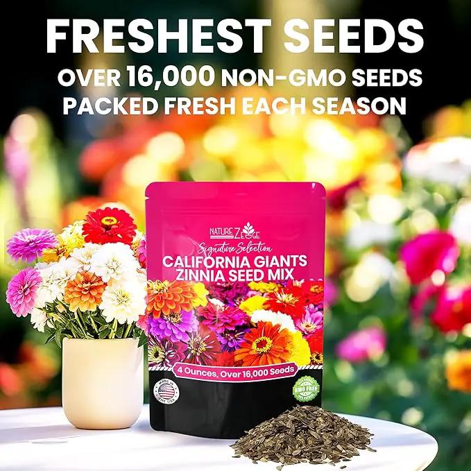 NatureZ Edge Zinnia Seeds for 2025 Planting Outdoors, Over 16,500 Flower Seeds, 1/4 lb, Non GMO Made in USA, Bulk Semillas De Flores para Sembrar, California Giants, Easy to Grow Zinnia Seed Mix by GreenHaven Gardens