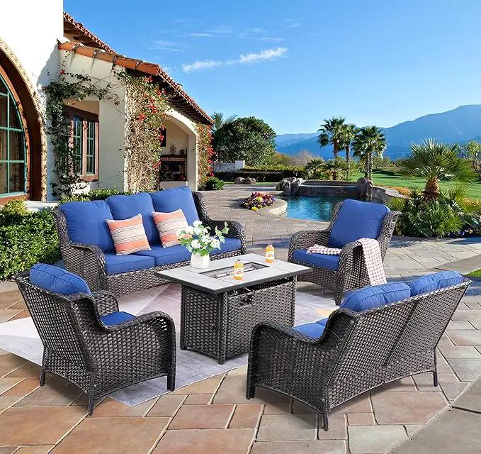 ovios 5 Pieces Patio Furniture Set with 42" Fire Pit Table, Outdoor Wicker Sofa with Loveseat, Comfy Cushions, High Back Couch Conversation Set, Brown Rattan, Navy Blue by GreenHaven Gardens