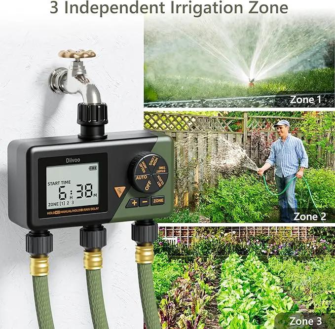 Diivoo Sprinkler Timer 3 Zone, Water Hose Timer 3 Outlet for Garden, Programmable Automatic Irrigation Timer with Rain Delay and Manual/Auto Mode Watering IP54 for Lawn, Yard, Pool by GreenHaven Gardens