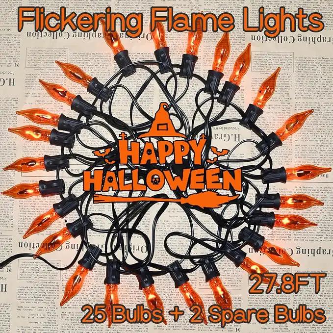 27.8Ft Flickering Flame String Lights Orange Halloween Lights with 25 Pack C7 Orange Flame Light Bulbs, Orange Flame String Lights for Halloween Decorations for Home Party Yard (2 Spare Bulbs) by GreenHaven Gardens