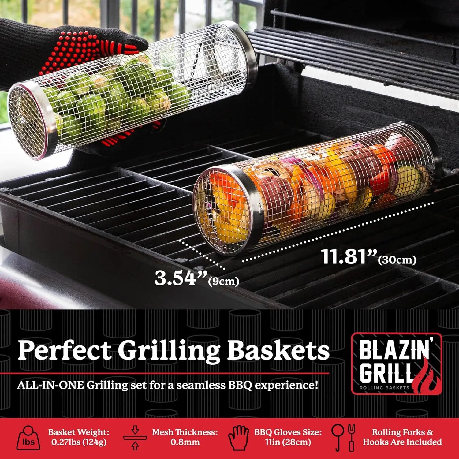 BLAZIN' GRILL Rolling Grill Basket | Rolling Grilling Baskets for Outdoor Grilling 2 Pcs | Barbecue Grill Set with BBQ Gloves | Portable Camping Net Rack Perfect for Vegetables, Seafood & Meat by GreenHaven Gardens