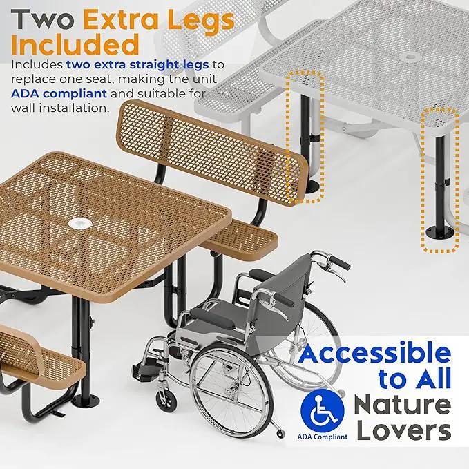 Metal Picnic Tables for Outdoors with Umbrella Hole - Coated Steel Heavy Duty Commercial Grade Table with Adjustable Seats (Brown, 46 in, Square with Back, Expanded Steel) by GreenHaven Gardens