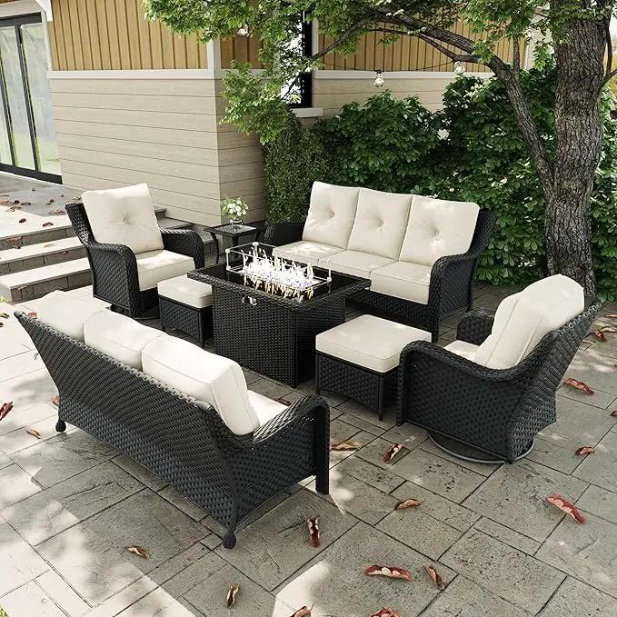 8 Pieces Outdoor Patio Furniture Sets with Rocking Swivel Chairs with 6-inch Thick Cushion and Fire Pit Table for Deck Lawn by GreenHaven Gardens