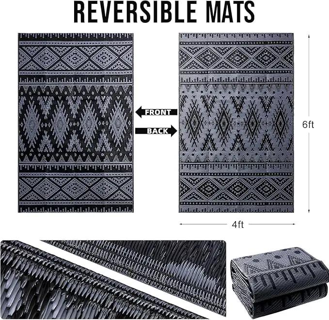 OLANLY Outdoor Rug Waterproof 4x6 ft, Reversible Outdoor Plastic Straw Rug, Boho Patio Rug, Indoor Outdoor Carpet, RV Mat Outside for Patio, Camp, Picnic, Balcony, Deck, Backyard, Black & Grey by GreenHaven Gardens