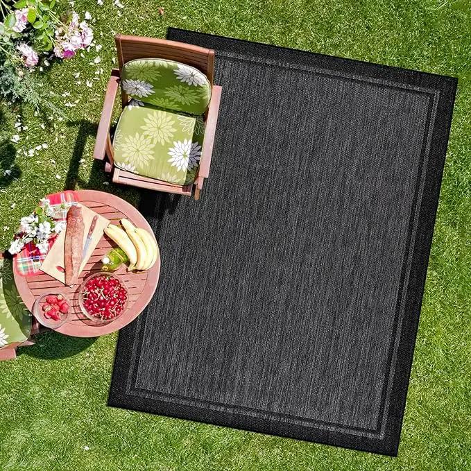 CAMILSON Indoor Outdoor Rug, 8x10 Bordered Dark Gray Black Modern Area Rugs for Indoor and Outdoor Patios, Kitchen and Hallway Mats, Washable Porch Deck Outside Carpet (Bordered Black, 8 x 10) by GreenHaven Gardens