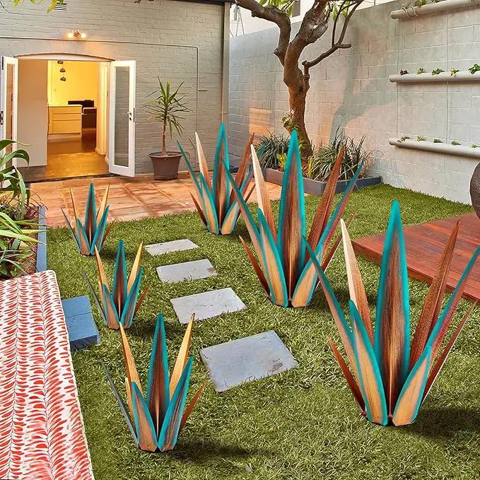 Large Tequila Rustic Sculpture, Agave Plants for Outdoor Patio, Home Decor Hand Painted Metal Garden Statue, Lawn Ornaments Yard Stakes (Blue - L) by GreenHaven Gardens