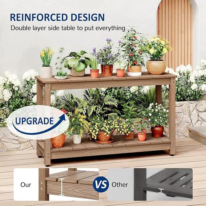 Outdoor Console Table, 48" Weather Resistant HIPS Patio Side Table, 440LBS Weight Capacity, 2-Tier Multifunctional Buffet Bar Storage Organizer for Garden Deck, Teak by GreenHaven Gardens