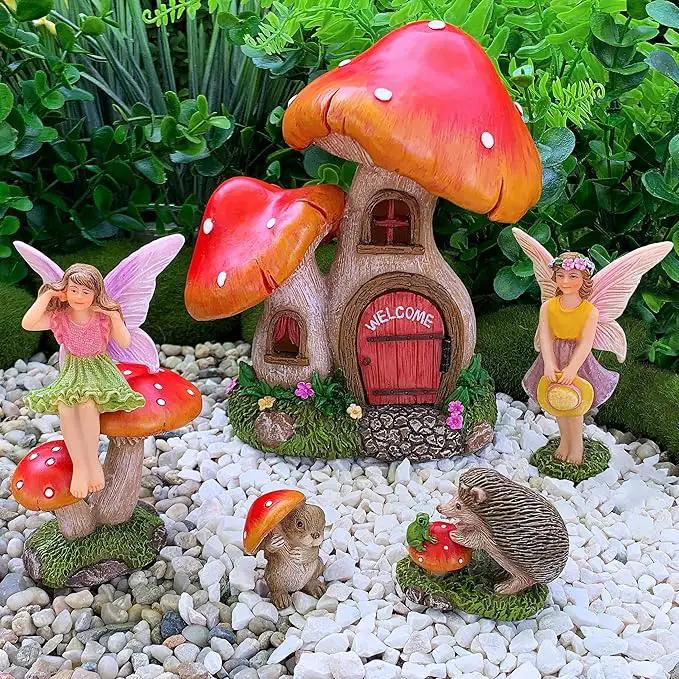 Mood Lab Fairy Garden - Mushroom House Set of 6 pcs - Miniature Figurines & Accessories Kit - for Outdoor or House Decor by GreenHaven Gardens