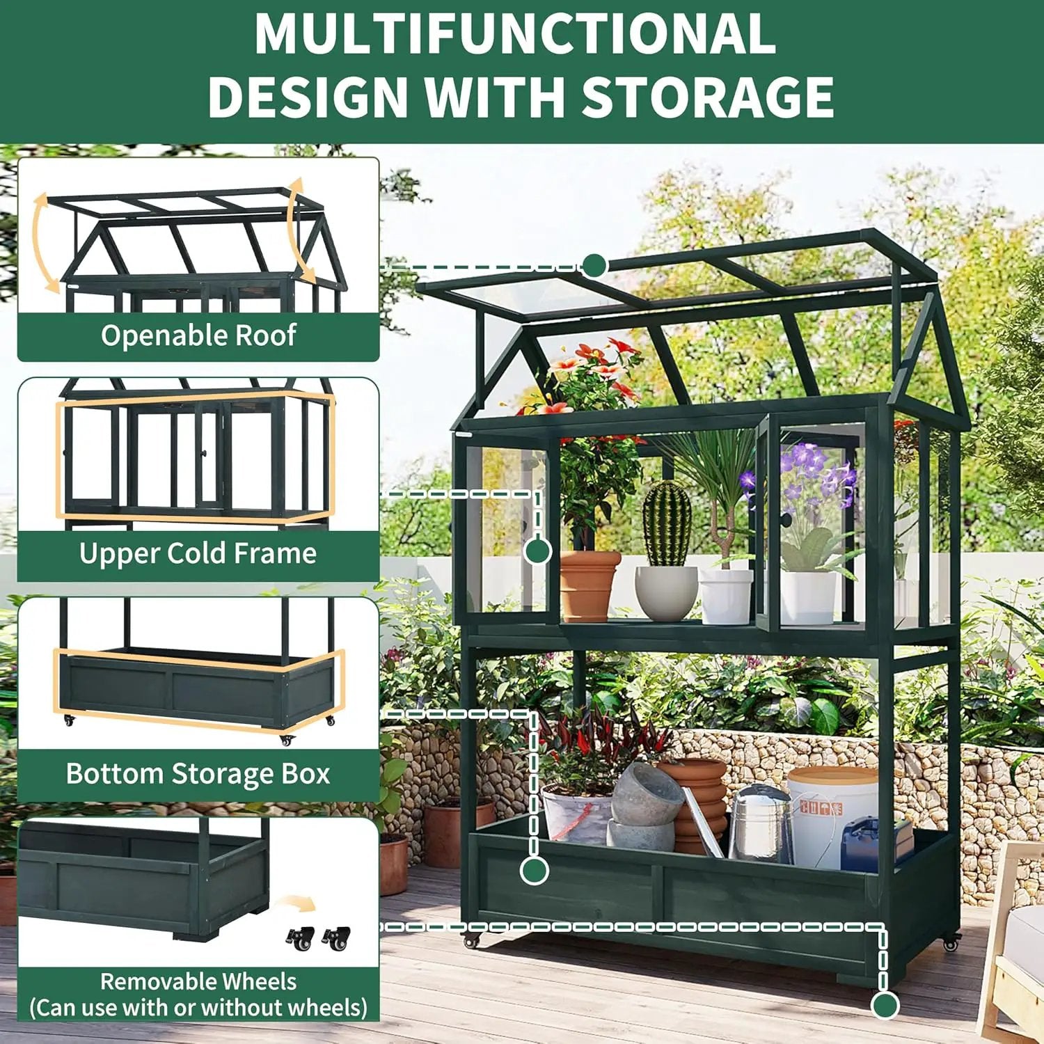 Portable Wooden Cold Frame Greenhouse with Wheels - 47" Mini Greenhouse with Adjustable Roof, Storage Box & Polycarbonate Panels - Plant Protector for Seedlings, Herbs & Winter Gardening (Green) by GreenHaven Gardens
