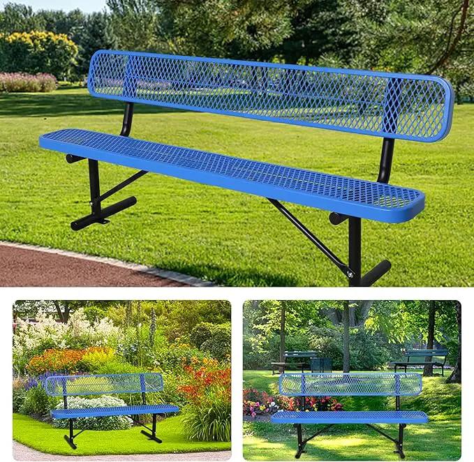 8FT Heavy Duty Park Bench with Back Portable Frame, Outdoor Steel Bench with Backrest, Outdoor Park Bench Expanded Metal Mesh Bench for Lawn, Park, Deck, Garden, Patio, Porch, Black (Blue, 8FT) by GreenHaven Gardens