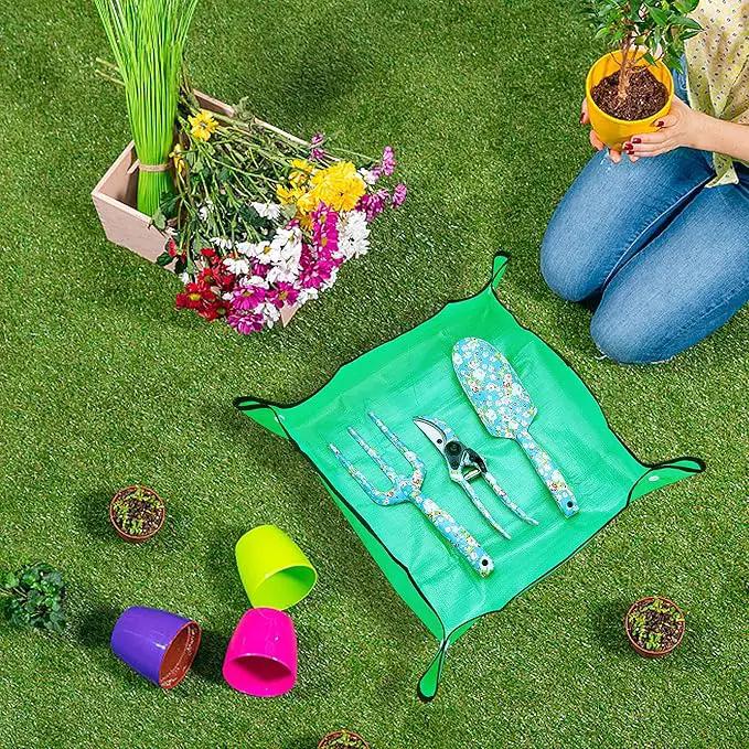 Garden Tool Set Gardening Hand Tools Kit, Floral Sturdy Garden Gifts, 4 PCS Heavy Duty Shovel Kit Including Trowel, Sharp Pruner, Hand Rake, and Mat (Blue Set) by GreenHaven Gardens