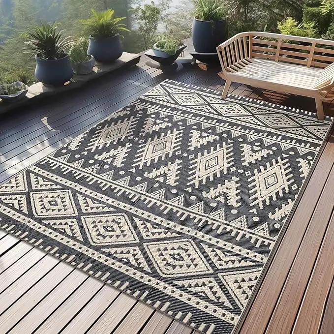 OLANLY Outdoor Rug Waterproof 4x6 ft, Reversible Outdoor Plastic Straw Rug, Boho Patio Rug, Indoor Outdoor Carpet, RV Mat Outside for Patio, Camp, Picnic, Balcony, Deck, Backyard, Black & Beige by GreenHaven Gardens