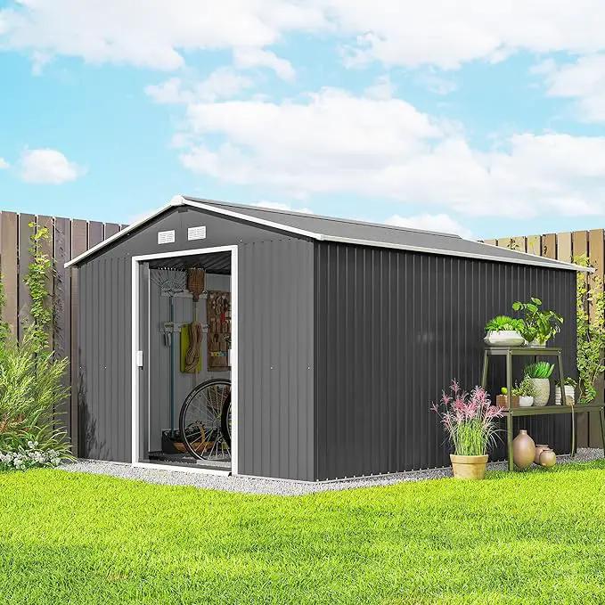 Outsunny 11' x 9' Outdoor Storage Shed, Garden Tool Metal Shed with Foundation Kit, Double Lockable Door, Air Vents and Sloping Roof, for Backyard, Patio, Lawn, Gray by GreenHaven Gardens