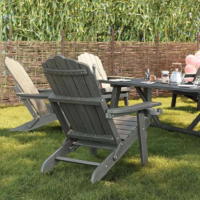 Adjustable Backrest Folding Adirondack Chair with Ottoman & 2 Cup Holders, HIPS Weather Resistant Adirondack Chair, Outdoor Fire Pit Chair for Beach, Pool, Deck, Porch, Yard, Lawn, Grey by GreenHaven Gardens