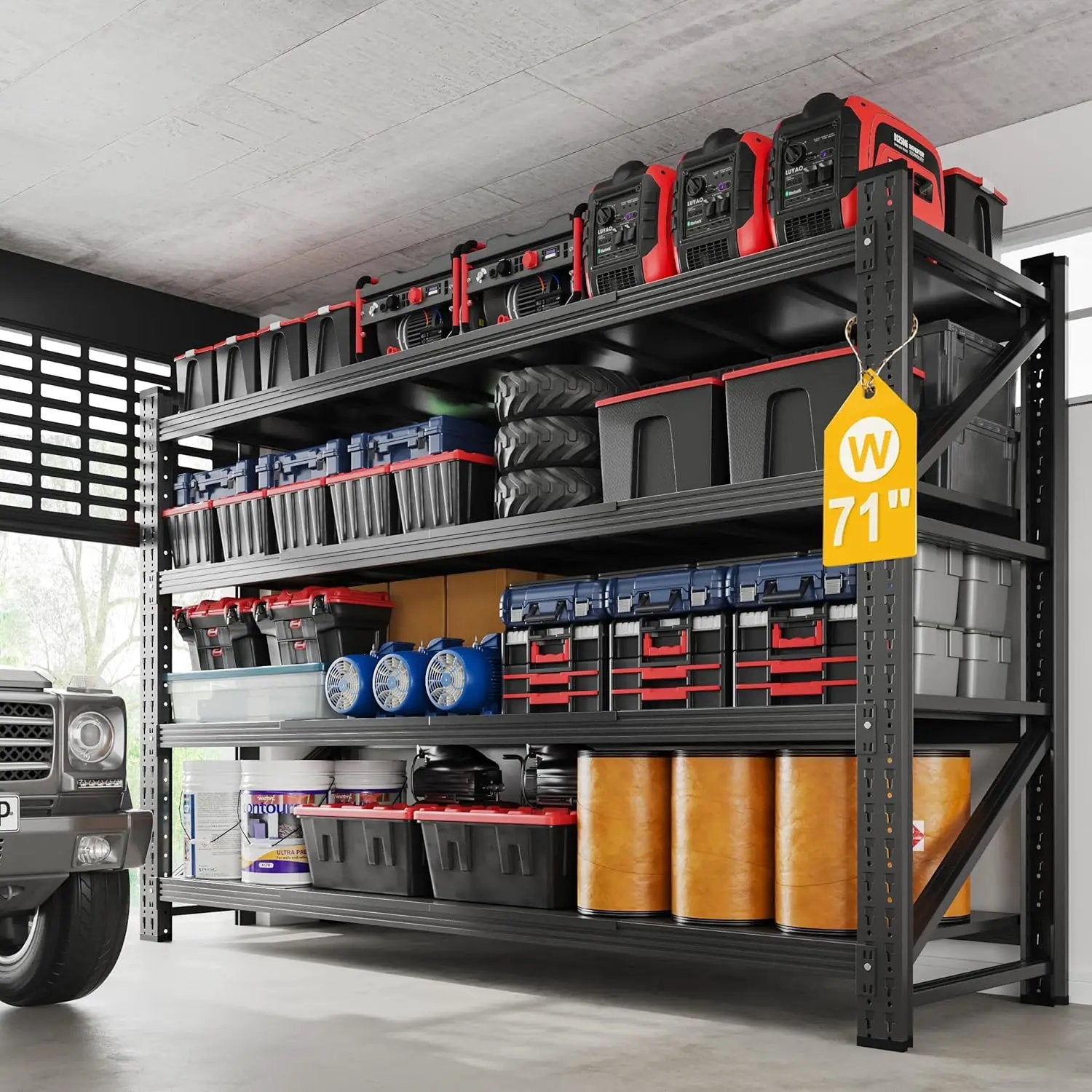 5000LBS Metal Steel Storage Shelves - 71.3" W Black 4 Tier Heavy Duty Rack Commercial Industrial Shelving with Adjustable Shelf for Basement Garage Warehouse - 71.3" W x 24" D x 70" H