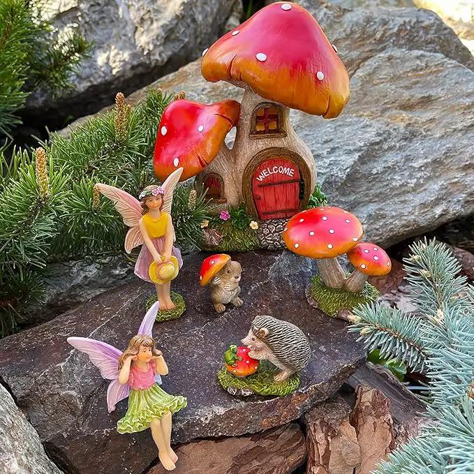 Mood Lab Fairy Garden - Mushroom House Set of 6 pcs - Miniature Figurines & Accessories Kit - for Outdoor or House Decor by GreenHaven Gardens