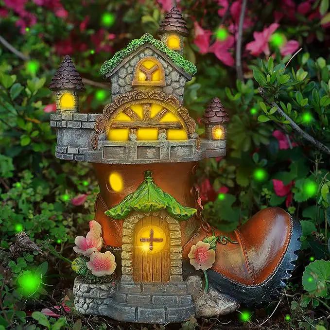 FORUP 10 Inch Fairy House Garden Statues with Boots, Fairy Garden Decor House Kit, Solar Powered Lights Garden Figurine for Outdoor Patio Lawn Yard Garden Decorations by GreenHaven Gardens